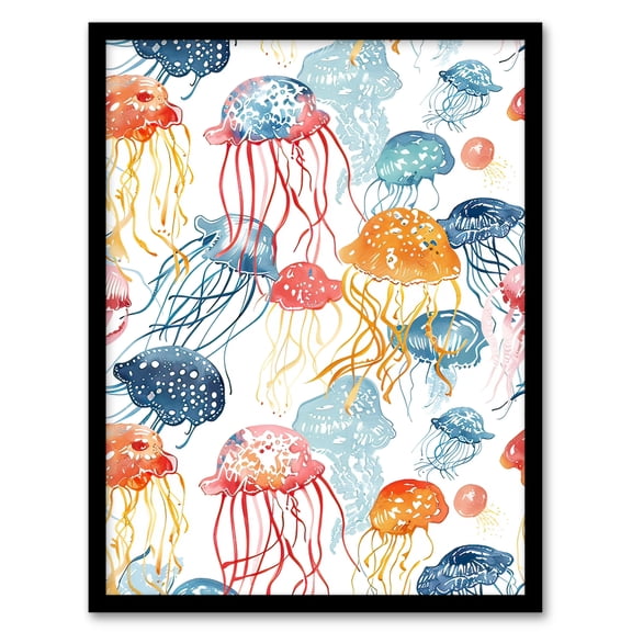 Artery8 Jellyfish Blue Pink Orange Bright Watercolour Bathroom Toilet Artwork Framed Wall Art Print A4