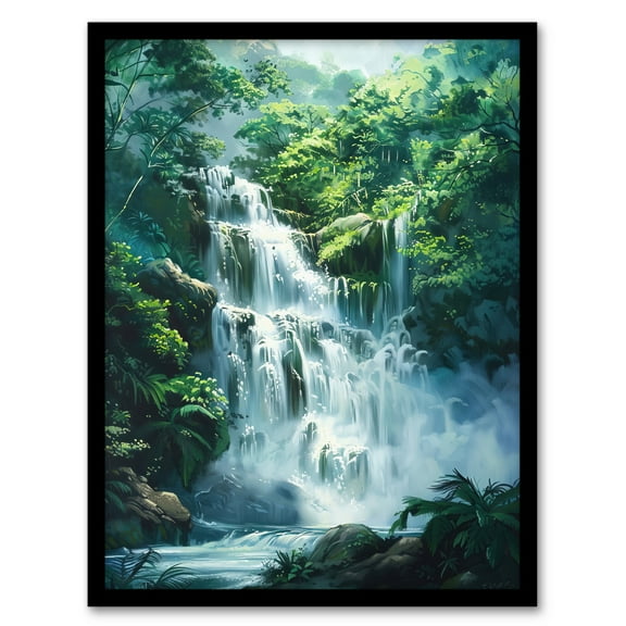Artery8 Jungle Waterfall Amazon Rainforest Landscape Living Room Artwork Framed Wall Art Print A4