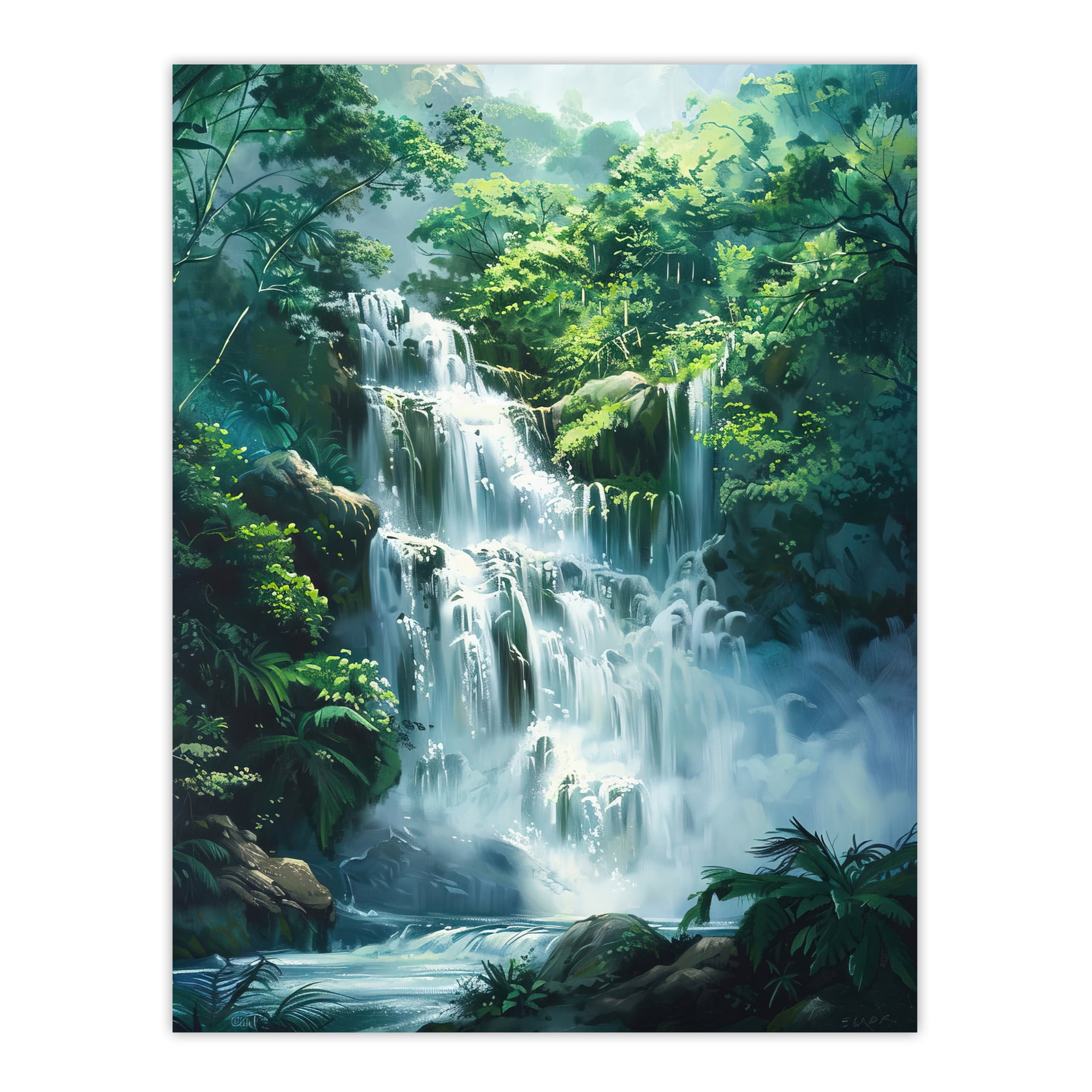 キャンバス絵画風景滝アート写真 20x40cm(8x16in)フレームレス Artery8 Jungle Waterfall Amazon Rainforest Landscape Living Room