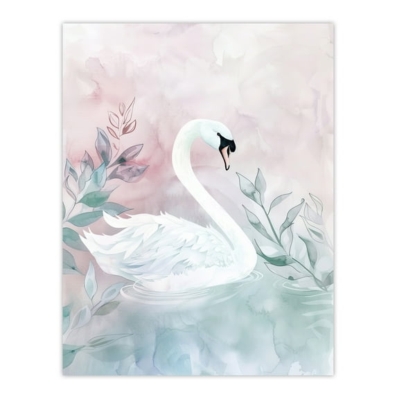 Artery8 Lake Swan Pink Green Light Watercolour Painting Living Room Large Wall Art Poster Print Thick Paper 18X24 Inch