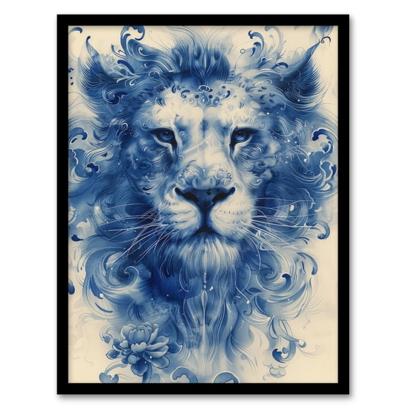 Artery8 Lion Head Blue Chinese Porcelain Pattern For Living Room Artwork Framed Wall Art Print A4