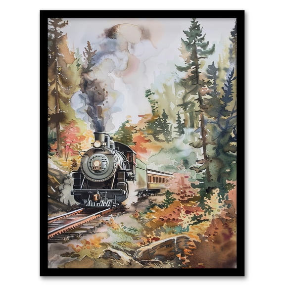 Artery8 Locomotive Train on Autumn Forest Railway Track Living Room Artwork Framed Wall Art Print A4