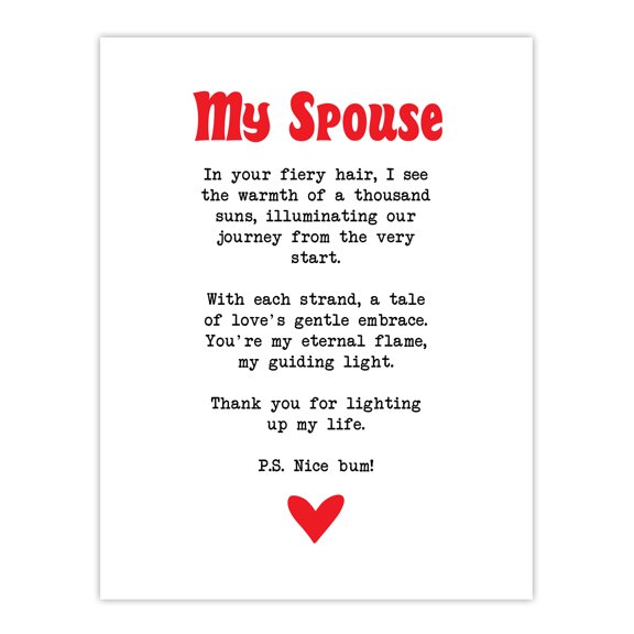 Artery8 Love Poem Ginger Spouse Romantic Funny Bedroom Extra Large XL Wall Art Poster Print