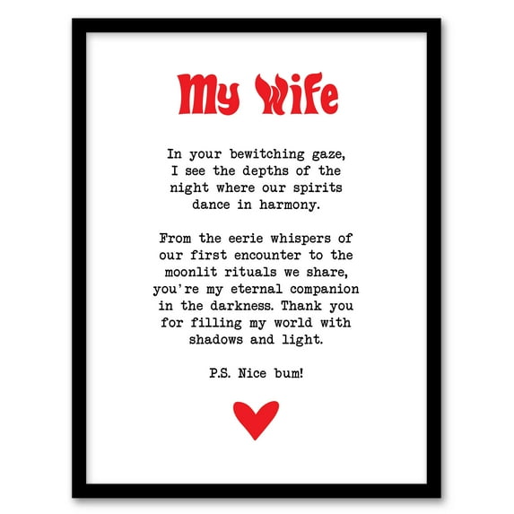 Artery8 Love Poem Goth Wife Romantic Poetry Fun Bedroom Artwork Framed Wall Art Print A4