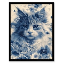 Artery8 Maine Coon Cat Lover Blue Flower Floral Portrait For Living Room Art Print Framed Poster Wall Decor 12x16 inch