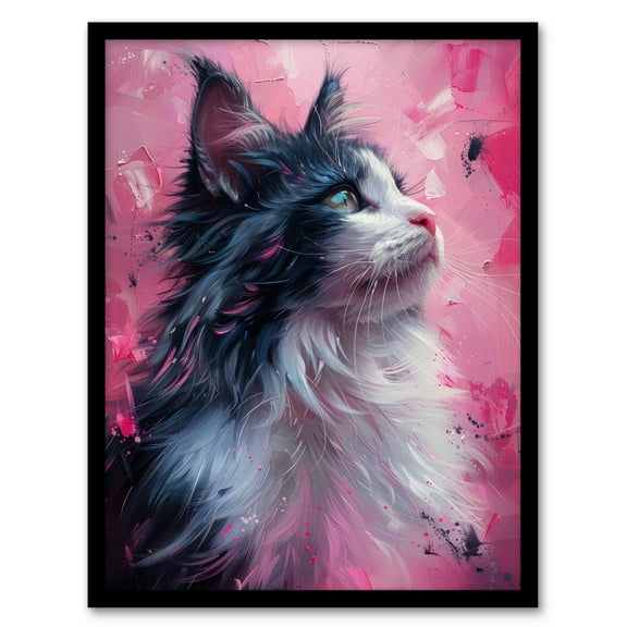 Artery8 Maine Coon Cat in Hot Pink Painting Animal Lover For Living Room Artwork Framed Wall Art Print A4