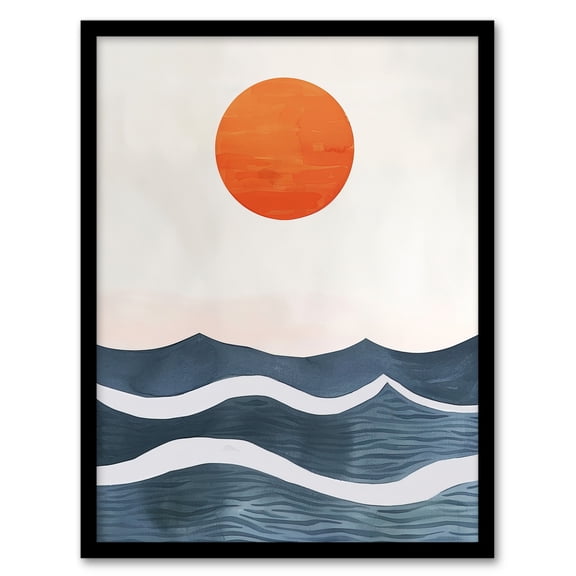 Artery8 Minimalist Large Sunset Sun Over Ocean Waves Bathroom Toilet Art Print Framed Poster Wall Decor 12x16 inch