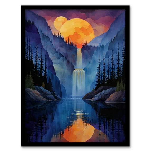 Artery8 Mirror Moon Waterfall Watercolour Night Mystic For Living Room Artwork Framed Wall Art Print A4