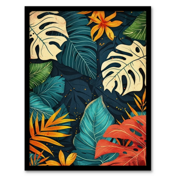Artery8 Monstera Deliciosa Leaves Colourful Pattern Nature For Living Room Art Print Framed Poster Wall Decor 12x16 inch