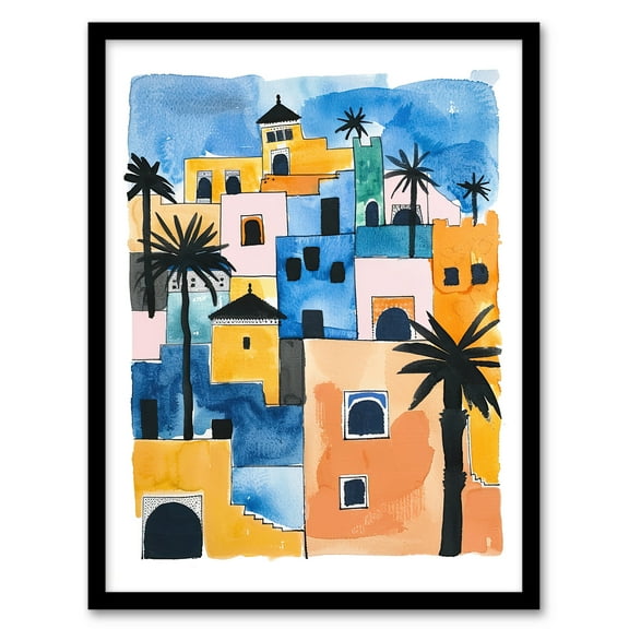 Artery8 Morocco African Cityscape Blue Orange Watercolour Living Room Art Print Framed Poster Wall Decor 12x16 inch