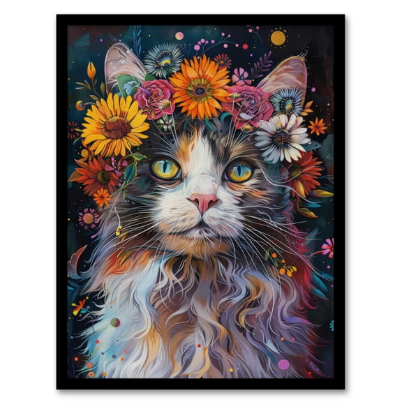 Artery8 Mystic Psychedelic Hippy Cat Flower Crown Abstract For Living Room Art Print Framed Poster Wall Decor 12x16 inch