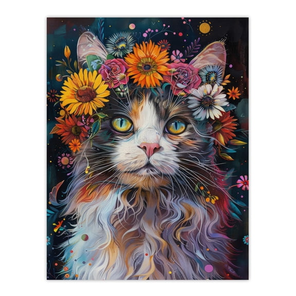 Artery8 Mystic Psychedelic Hippy Cat Flower Crown Abstract For Living Room Unframed Wall Art Print Poster Home Decor