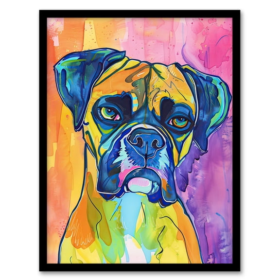Artery8 Neon Rainbow Colour Boxer Dog Lover Pet Portrait Living Room Art Print Framed Poster Wall Decor 12x16 inch
