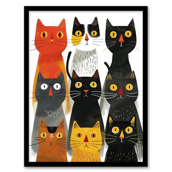 Artery8 Nine Cats 9 Quirky Fun Animals Cat Lover For Living Room Art Print Framed Poster Wall Decor 12x16 inch