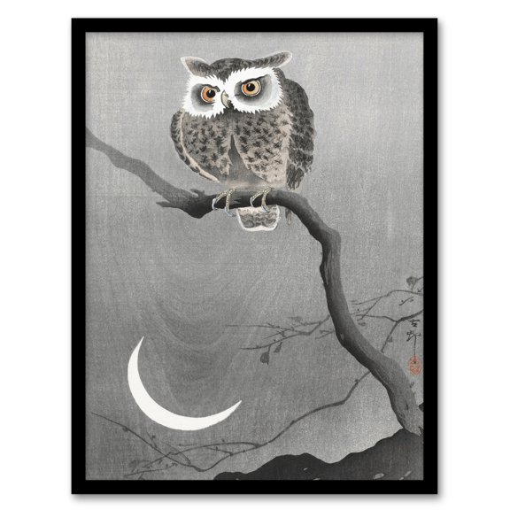 Artery8 Ohara Koson Long Eared Owl On Tree Branch Framed Wall Art Print Home Décor A4