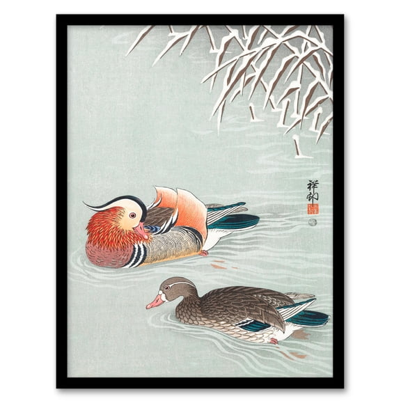 Artery8 Ohara Koson Two Mandarin Ducks in Snow Framed Wall Art Print Home Décor A4