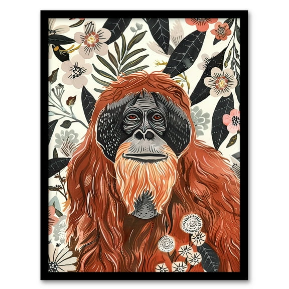 Artery8 Orangutan in Floral Jungle Bright Watercolour Living Room Art Print Framed Poster Wall Decor 12x16 inch