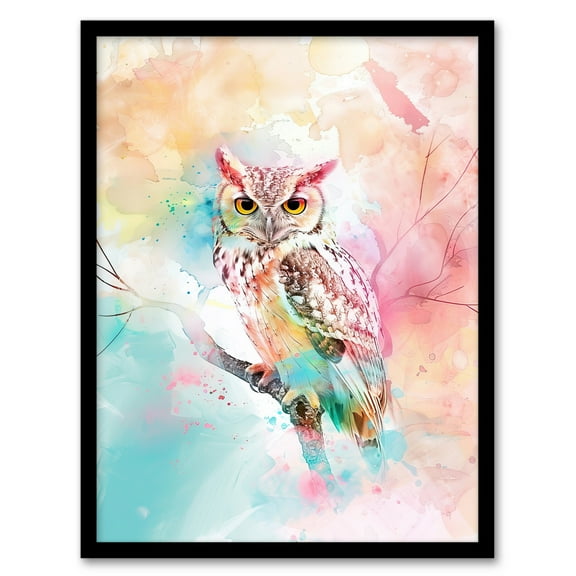 Artery8 Owl on Branch Portrait Pastel Rainbow Watercolour Living Room Art Print Framed Poster Wall Decor 12x16 inch