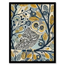 Artery8 Owl on Tree Branch Blue Yellow Folk Art Pattern Living Room Art Print Framed Poster Wall Decor 12x16 inch
