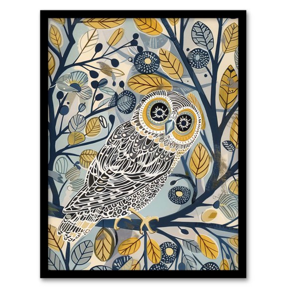 Artery8 Owl on Tree Branch Blue Yellow Folk Art Pattern Living Room Art Print Framed Poster Wall Decor 12x16 inch
