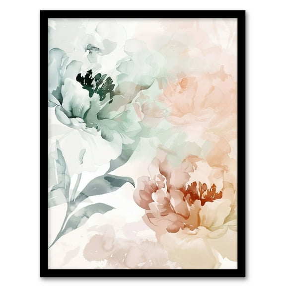 Artery8 Peony Flowers Teal Blue Pink Light Watercolour Bedroom Artwork Framed Wall Art Print A4