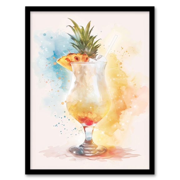 Artery8 Pina Colada Pineapple Slice Cocktail Watercolour Kitchen Art Print Framed Poster Wall Decor 12x16 inch