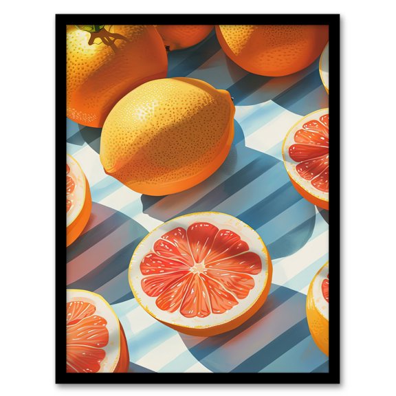 Artery8 Pink Grapefruit Summer Fruit Slice Pattern Design For Kitchen Art Print Framed Poster Wall Decor 12x16 inch
