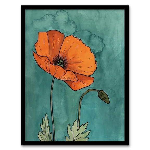 Artery8 Poppy Flower Bloom Teal Orange Floral Watercolour Living Room Art Print Framed Poster Wall Decor 12x16 inch