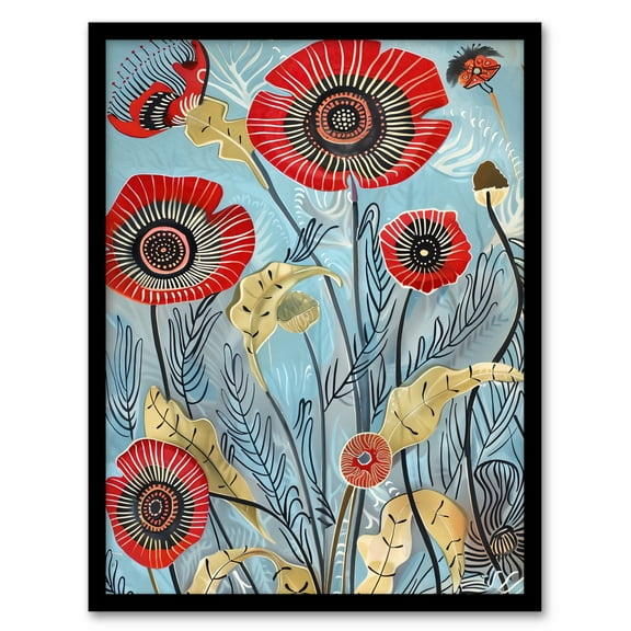 Artery8 Poppy Flowers Modern Folk Art Painting Quirky Living Room Art Print Framed Poster Wall Decor 12x16 inch