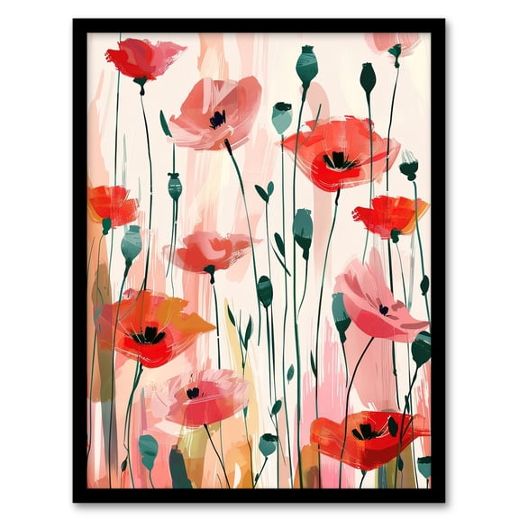Artery8 Poppy Flowers Pink Red Abstract Floral Painting For Living Room Artwork Framed Wall Art Print A4