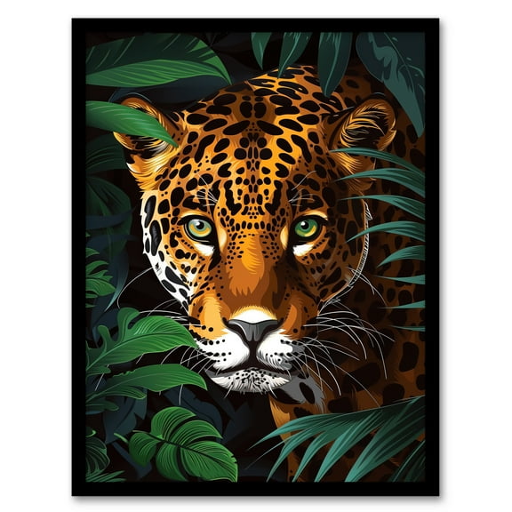 Artery8 Powerful Jaguar Lurking In Jungle Plants Painting Living Room Art Print Framed Poster Wall Decor 12x16 inch