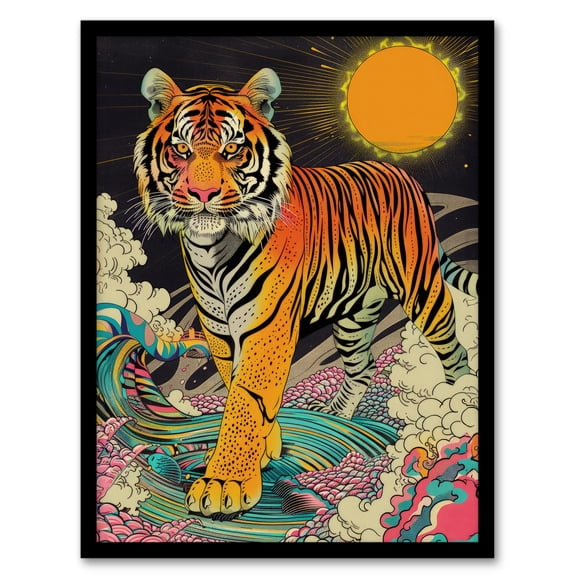 Artery8 Psychedelic Tiger Rainbow Sun Bold Magic Design For Living Room Artwork Framed Wall Art Print A4