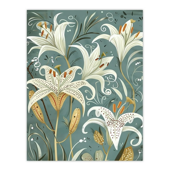 Artery8 Quirky White Lily Pattern Spring Flower Artwork Living Room Large Wall Art Poster Print Thick Paper 18X24 Inch