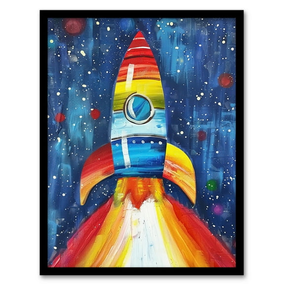 Artery8 Rainbow Rocket Blast Off Space Painting Colourful Kids Bedroom Artwork Framed Wall Art Print A4