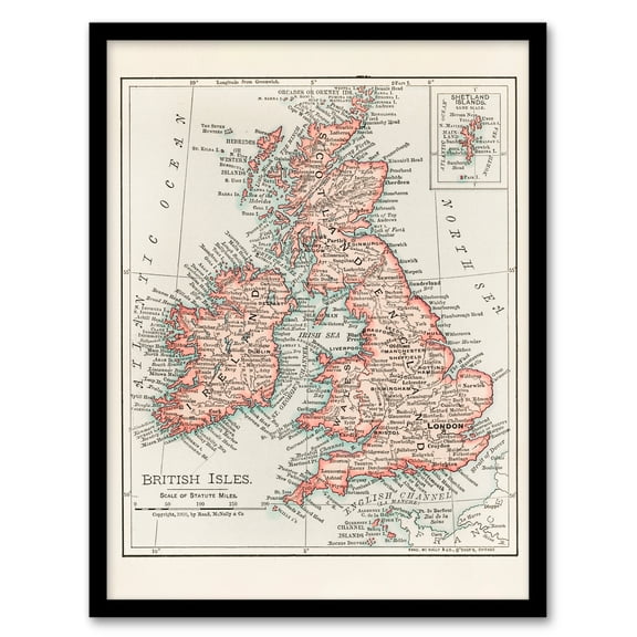 Artery8 Rand Mcnally and Co Vintage 1900 British Isles Map Framed Wall Art Print Home Décor A4