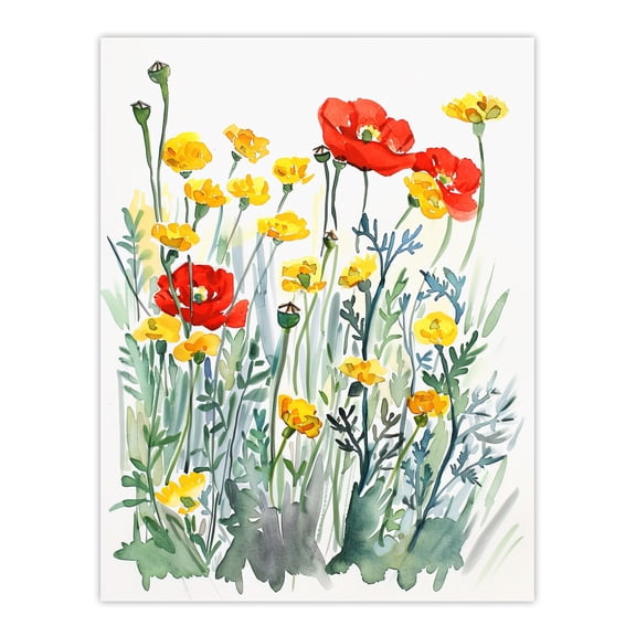 Artery8 Red Poppies and Yellow Marigolds Wildflower Field Living Room Unframed Wall Art Print Poster Home Decor Premium
