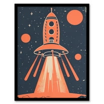 Artery8 Red Rocket Spaceship Launch Retro Style Design Kids Bedroom Art Print Framed Poster Wall Decor 12x16 inch