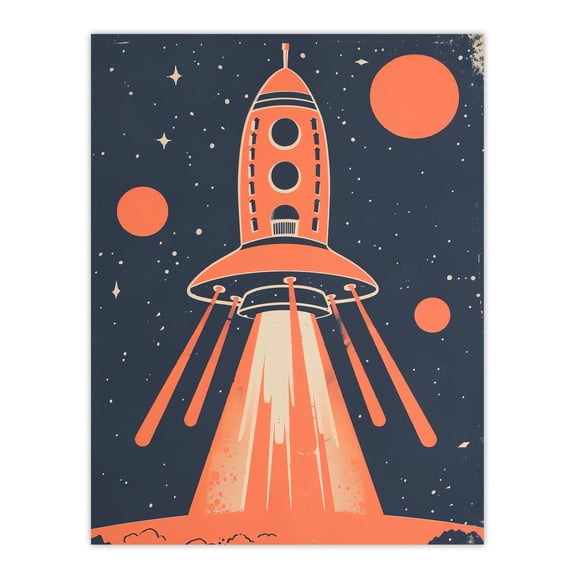 Artery8 Red Rocket Spaceship Launch Retro Style Design Kids Bedroom Unframed Wall Art Print Poster Home Decor Premium