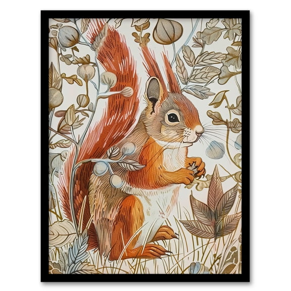 Artery8 Red Squirrel Woodland Forest Floor Bright Living Room Artwork Framed Wall Art Print A4