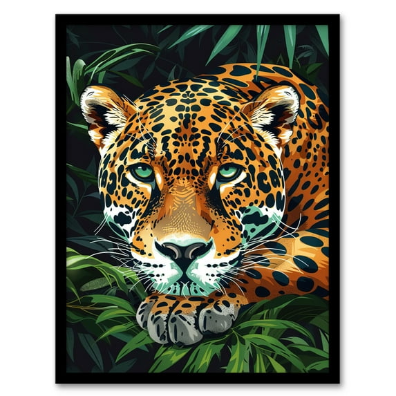 Artery8 Resting Jaguar In Lush Jungle Animal Portrait Living Room Art Print Framed Poster Wall Decor 12x16 inch