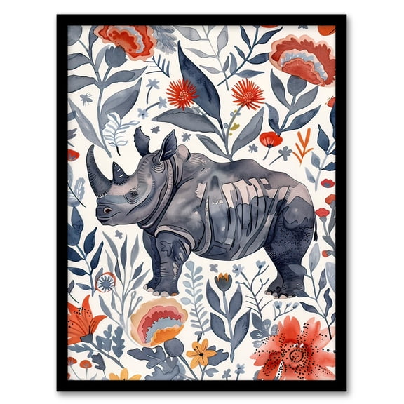 Artery8 Rhinoceros Rhino Blue Red Floral Pattern Portrait Living Room Artwork Framed Wall Art Print A4