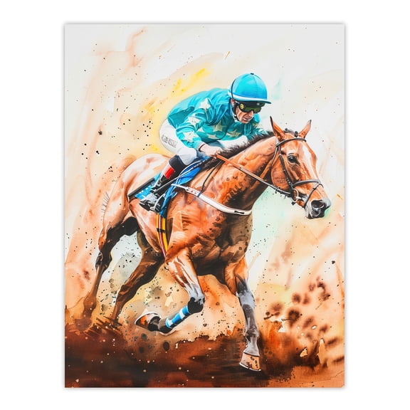 Artery8 Rider on Horse Racing Watercolour Dramatic Mud Living Room Unframed Wall Art Print Poster Home Decor Premium