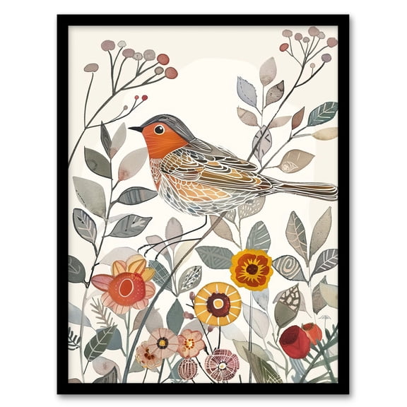 Artery8 Robin Bird Garden Flowers Bright Folk Art Living Room Art Print Framed Poster Wall Decor 12x16 inch