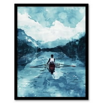 Artery8 Rowing Boat Blue Watercolour Coastal Landscape Living Room Art Print Framed Poster Wall Decor 12x16 inch