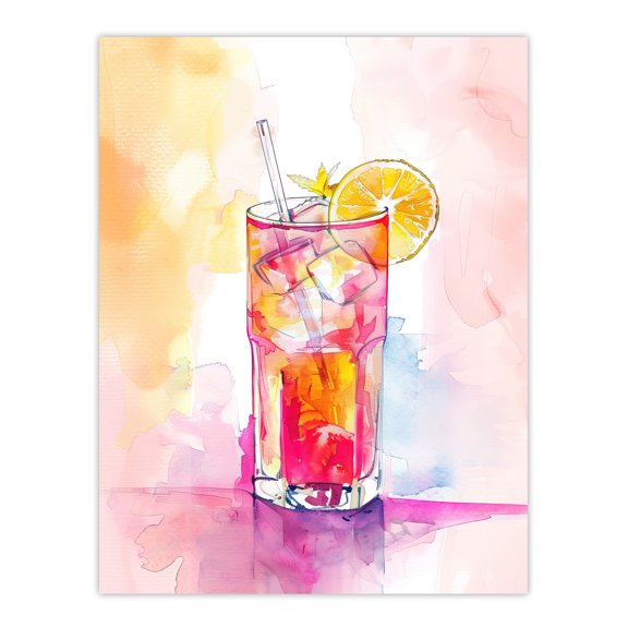 Artery8 Rum Punch Cocktail Pink Orange Watercolour Kitchen Extra Large XL Wall Art Poster Print