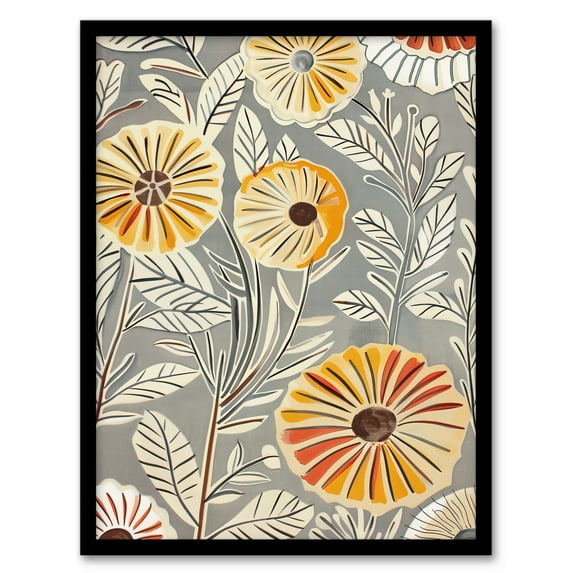 Artery8 Rustic Marigold Flowers Blue Yellow Simple Floral Living Room Artwork Framed Wall Art Print A4