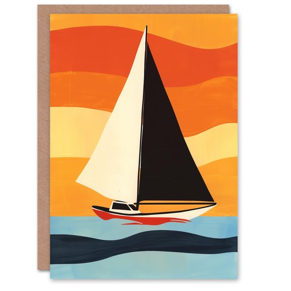 Artery8 Sailboat at Sunset Painting Simple Block Colours Greeting Birthday Card Him Her All Blank