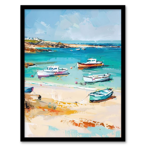 Artery8 Sandy Beach Bay Fishing Boats Coastal Landscape Living Room Artwork Framed Wall Art Print A4