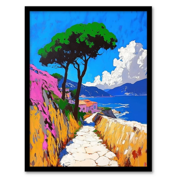 Artery8 Santorini Greece Coastal Path Colourful Landscape Living Room Art Print Framed Poster Wall Decor 12x16 inch