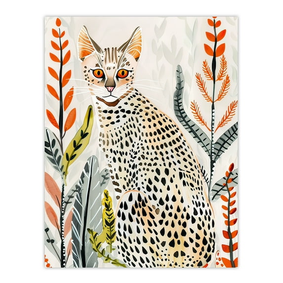 Artery8 Savannah Cat Lover Boho Botanical Pet Portrait Living Room Extra Large XL Wall Art Poster Print